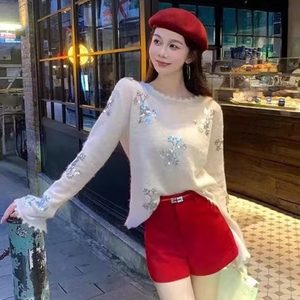 秋季新款白色雪花亮片刺绣套头毛衣女高级气质软糯薄款圆领针织衫