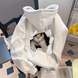 Korean Uamtor Fleece-Lined Cat Sweatshirt for Women, Spring and Autumn, Lazy Style, Plus-Size, Unique Design, Couple's Jacket