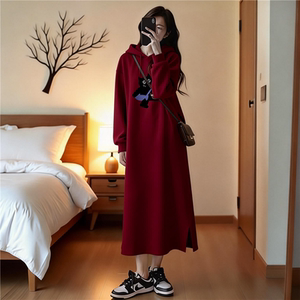 
Maternity wear Korean style fashionable long over-the-knee dress new style loose and slimming hooded sweatshirt dress that does not show pregnancy during pregnancy