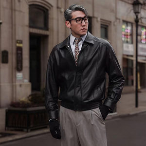 
{Same as Dehua} Hong Kong style first-layer sheepskin oil-waxed genuine leather jacket lapel old-money leather jacket men's new style