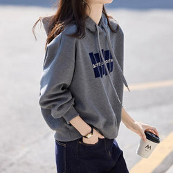 High-End Gray Hooded Sweatshirt for Women, Spring and Autumn, Loose and Casual, with Letter Print, Covers the Body and Makes You Look Slimmer