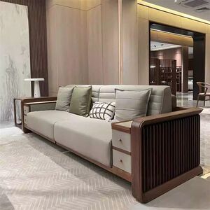 Black walnut ash wood sofa tea table combination new Chinese style Zen living room leather art hotel B&B office furniture
