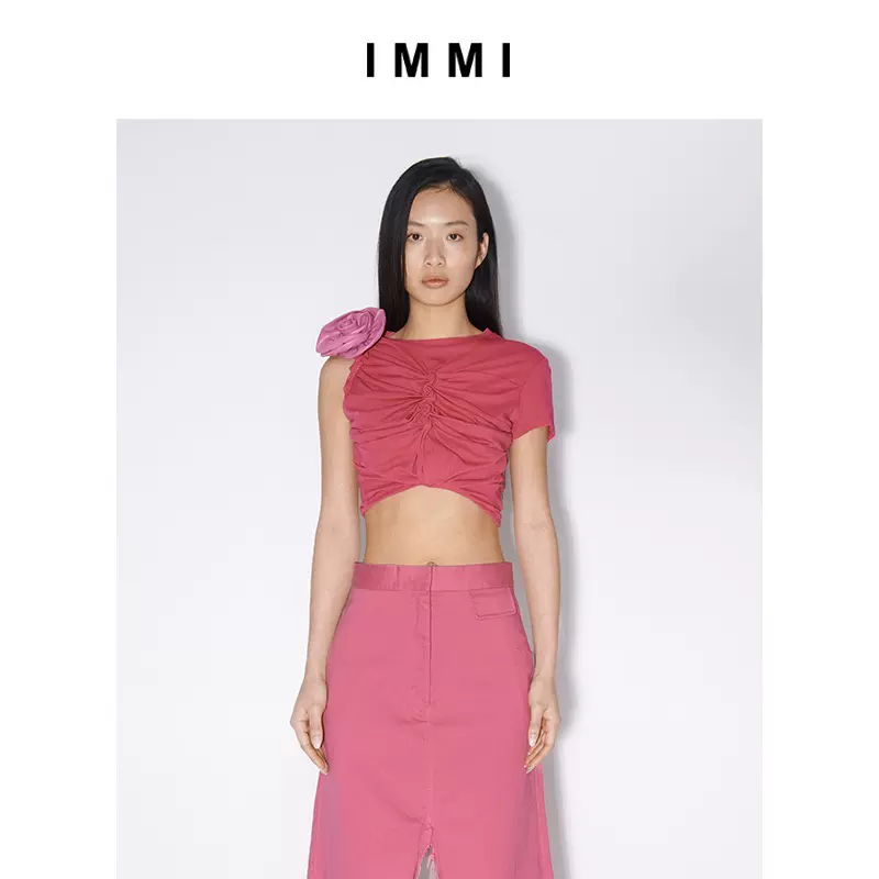 313买手店【IMMI】23夏季新品截短花朵褶皱修身T恤131TE018Y-Taobao