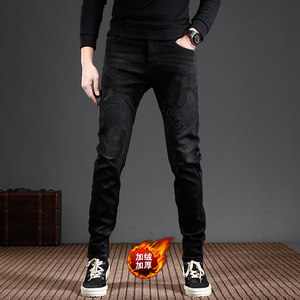 
2023 Winter New Style Velvet Thickened Black Jeans Men's Trendy Brand Fashion Hot Stamping Slim Fit Small Feet Men's Pants