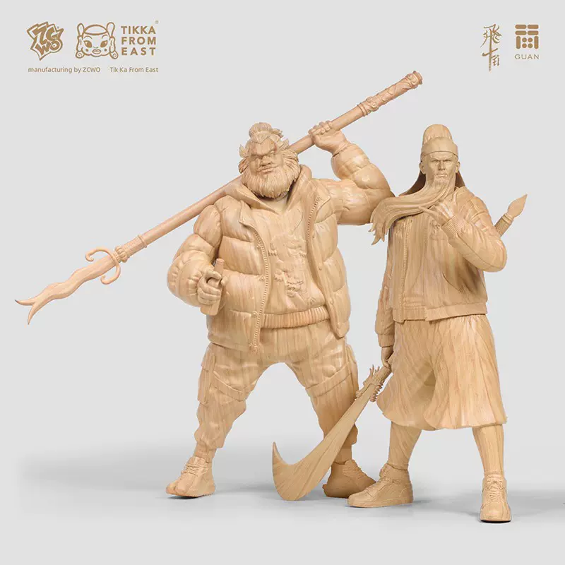 RITAO CHAN　中国唐木彫刻関羽と張飛　武人像置物　M　R2697K 關羽木紋潮玩手辦ZCWO關公雕像模玩張飛木紋款潮流玩具