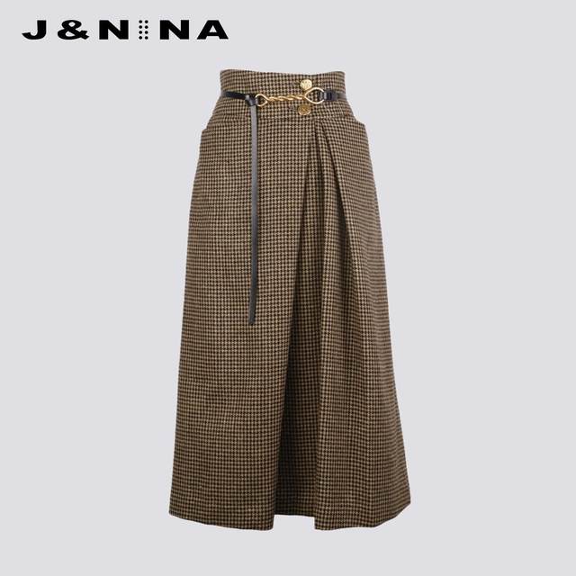 J/NINA French retro plaid high-waisted slim skirt autumn and winter high-end temperament A-line mid-length skirt versatile