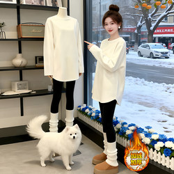 European Style Fleece-Lined Pure Cotton White Base Shirt for Women, 2026 New Autumn and Winter Loose Fit, Hip-Covering Long-Sleeve T-Shirt Top, Trendy