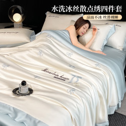 Summer Washed Ice Silk Embroidered Four-Piece Bedding Set 2026 New Light Luxury Bedding Summer Bed Sheet Duvet Cover Three-Piece Set