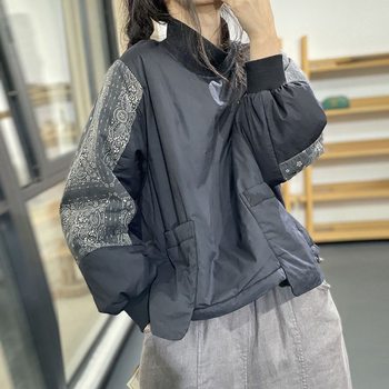 
Autumn and winter Korean style retro floral patchwork half turtleneck cotton coat