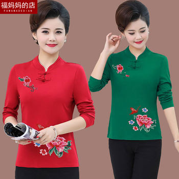 Mother -in -law embroidered plate buckle top mother spring embroidered flower shirt
