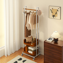 Bedroom Floor-Standing Clothes Rack, Stainless Steel Bedside Coat Rack, Mobile Solid Wood Indoor Room Clothes Storage Rack