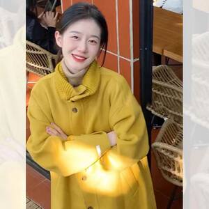 Korean high-end yellow woolen coat for women 2023 autumn and winter new style small fragrance style mid-length woolen coat