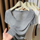 Grey big round neck knitted T-shirt for women short-sleeved 2025 new low-neck inner bottoming shirt for women thin half-sleeved top