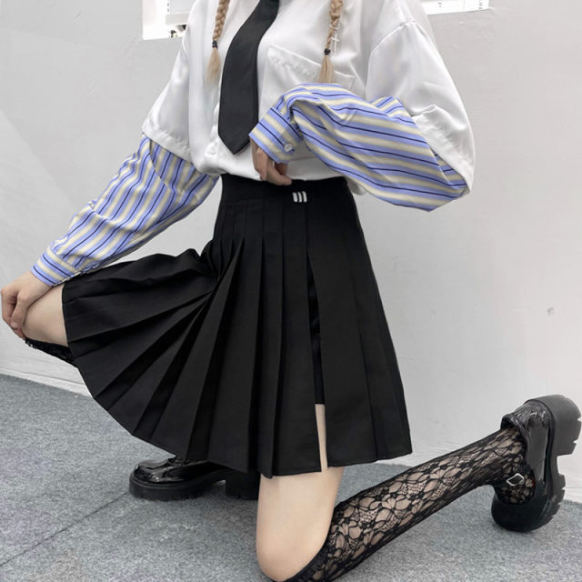 Fat mm slit pleated skirt pants high waist college style versatile solid color large swaying short skirt large size skirt women summer