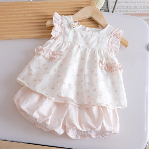 
0-9 years old girls cartoon print suit summer Korean style lace sweet top solid color shorts cute two-piece set