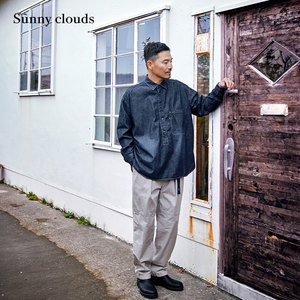 
Sunny Kula/Sunny clouds men's pure cotton off-shoulder half-open denim shirt top