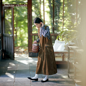 
Sunny Kula/Sunny clouds pure cotton corduroy workwear style suspender skirt bottoming long skirt