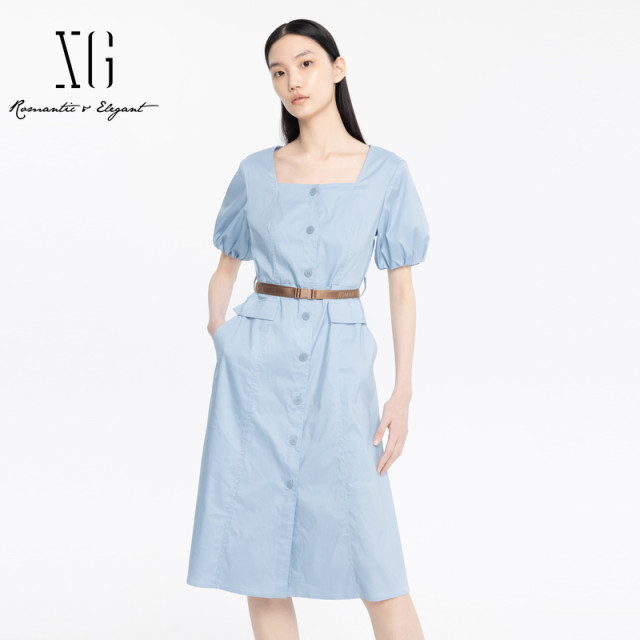 xg Xue Ge Square Neck Short Sleeve Dress Women's 2024 Summer New Commuting Casual Mid-Long Skirt XJ204044A521