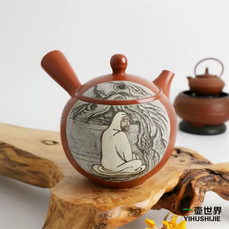 常滑焼 陶元謹製 朱泥 茶入 茶壷 細字彫 茶道具 A65◇陶