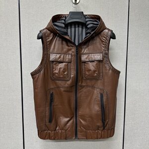 
New genuine leather vest men's leather jacket cowhide waxed short waistcoat leather jacket hooded coat motorcycle vest