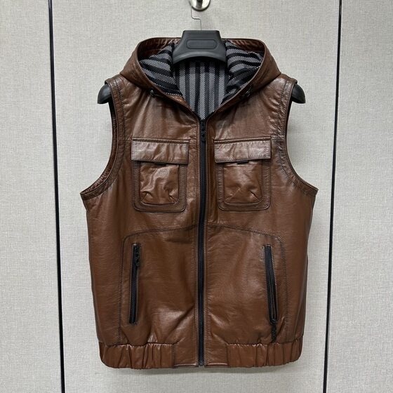 
New genuine leather vest men's leather jacket cowhide waxed short waistcoat leather jacket hooded coat motorcycle vest