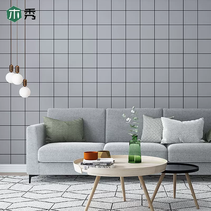 北歐ins風格子壁紙灰色方格網紅奶茶店背景牆網格中灰色格紋壁紙 Taobao