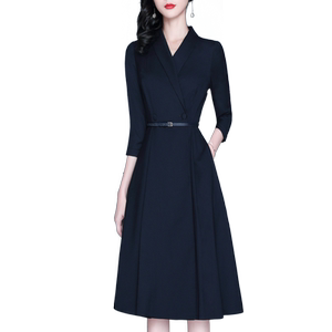 
Suit Dress 2025 Autumn and Winter New Lady's Spring Style Slim A-Line Skirt Long Sleeve Dark Blue Swing Skirt