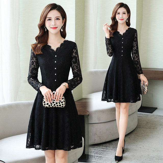 Long-sleeved V-neck lace waist-hugging A-line dress Korean style ...