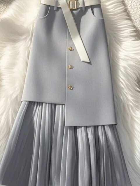 Fashionable and stylish pleated chiffon spliced ​​A-line mid-length waist to make you look slim and cover your flesh-covered skirt spring and summer new women

