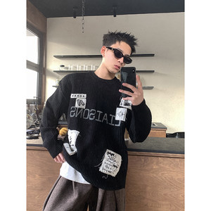 
PLTH* American retro spray-dirty distressed patch sweater for men, loose, lazy style, round neck casual pullover sweater