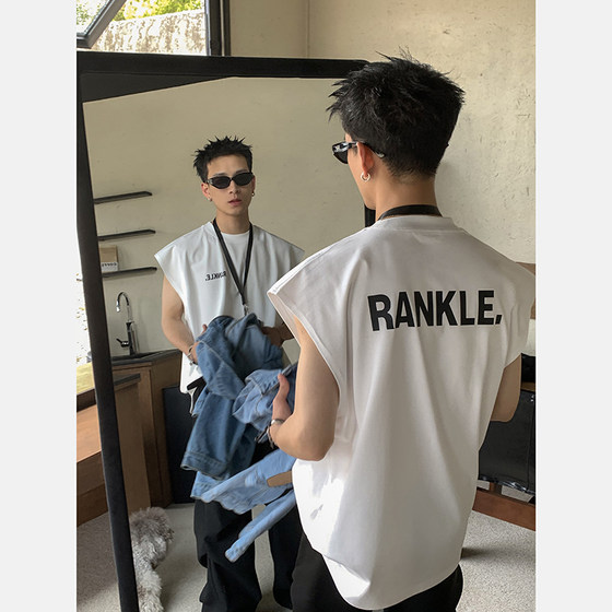 
PLTH* Korean trendy pure cotton round neck vest summer beach handsome vest men loose sports sleeveless T-shirt trendy