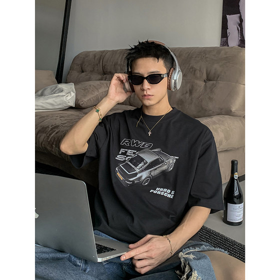 
PLTH* American heavyweight retro car print versatile casual round neck short-sleeved T-shirt men's hip-hop couple tops