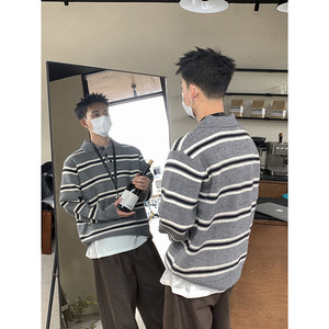 
PLTH* American retro striped contrast color POLO sweater for men, autumn loose casual couple lapel long-sleeved sweater