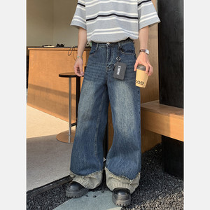 
PLTH* American retro washing splicing fake two pairs of jeans men's summer trendy brand loose casual versatile trousers