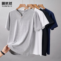 2025 Summer New Button V-Neck Pure Cotton Short-Sleeve T-Shirt for Men, Loose Trendy Top, Men's Half-Sleeve Clothing