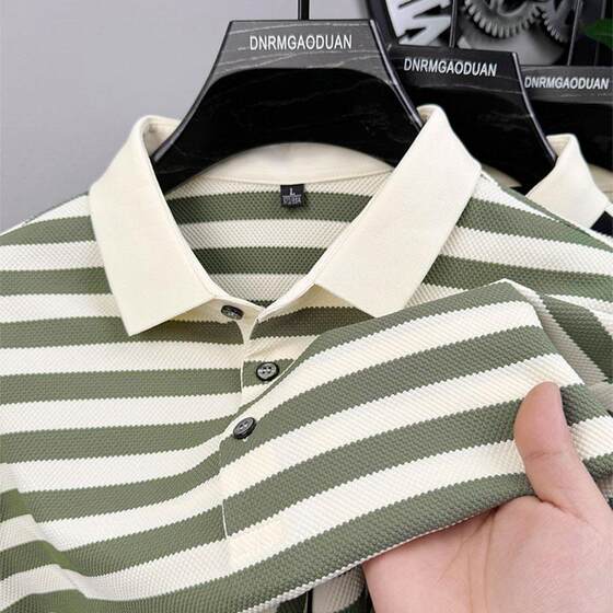 
Paul loose, comfortable and casual summer mulberry silk long-sleeved T-shirt men's tops striped bottoming shirt dad wear inner wear