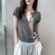 Zipper half-open collar fake two-piece short-sleeved T-shirt for women 2025 spring and summer new slim U-shaped hem cardigan underwear top