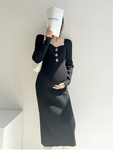 
Maternity clothing spring fashion long knitted skirt v-neck slim fit puff sleeve over knee dress with long skirt