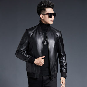
This year's popular special offer sheepskin leather black Korean style trendy leather jacket men's jacket handsome short baseball collar