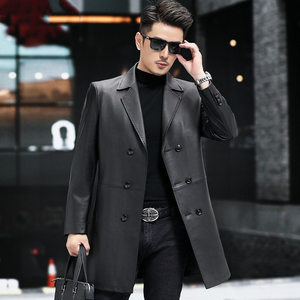 
This year's popular special spring and autumn new Haining genuine leather jacket men's mid-length sheepskin windbreaker suit collar double row