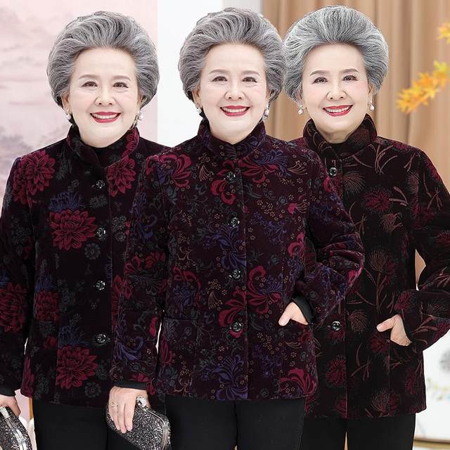Middle-aged and elderly women's winter clothes, mother cotton coat, grandma plus velvet thickened cotton coat, elderly clothes, old lady cotton coat