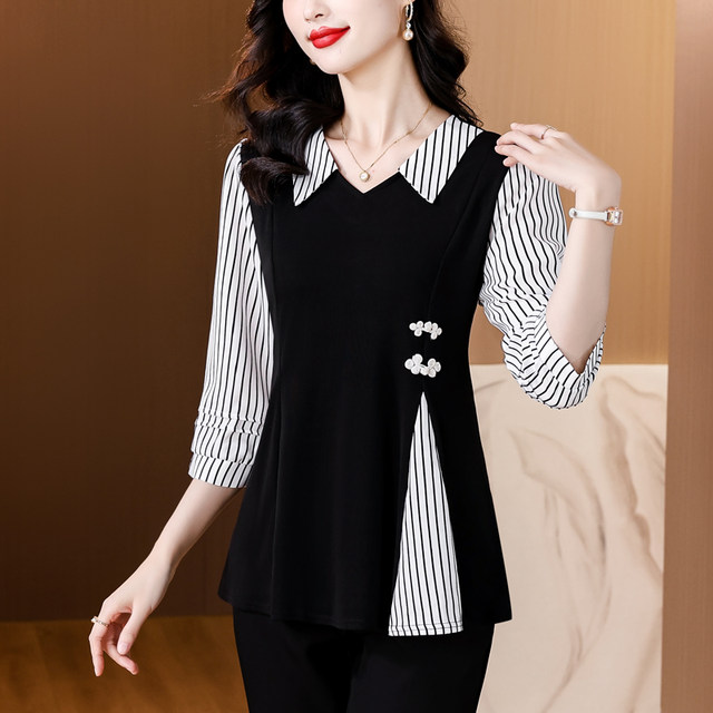 2025 summer new fake two-piece large size mid-length high-end slim top for women