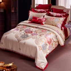High-end European wedding four-piece set bedding luxury red embroidered tribute satin sixty-eighty-piece set wedding bedding