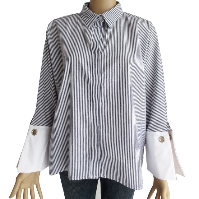Korean striped loose long-sleeved women's shirt pure cotton gray slim Korean version OL women's foreign trade new style 0779