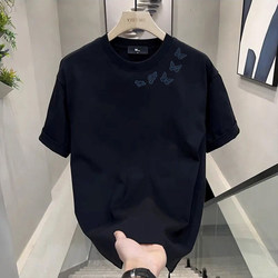 Heavyweight Pure Cotton Trendy American-Style Simple T-Shirt with Butterfly Print for Men, Summer Round Neck Versatile Short-Sleeve Top