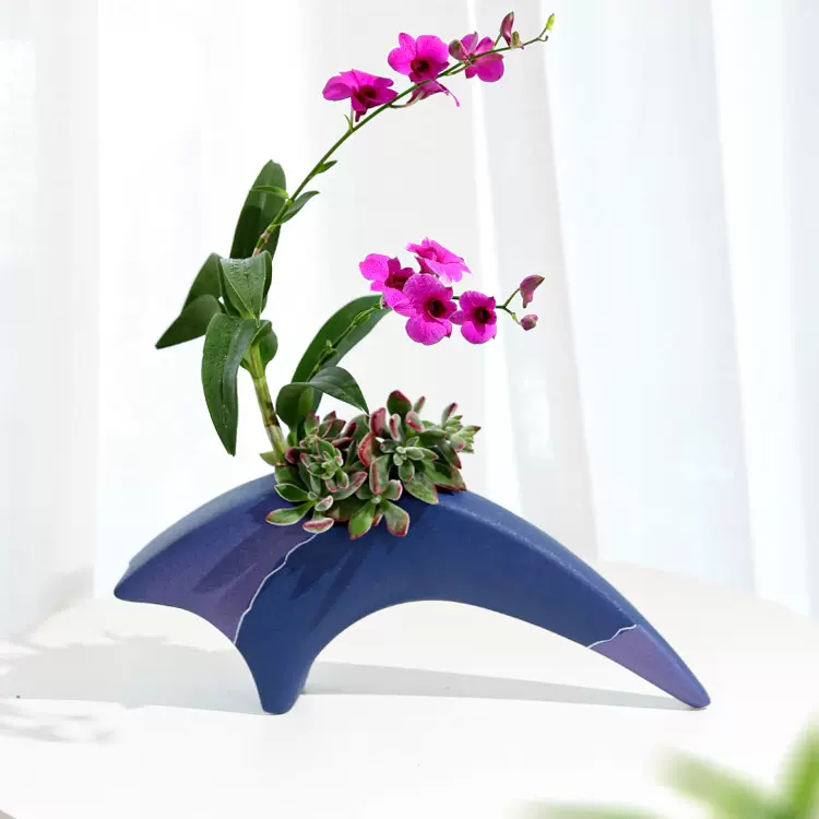 日本池坊陶瓷花器簡約風格藍色劍山插花工具自由花池坊花