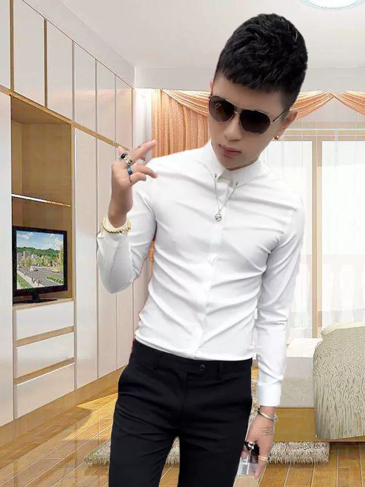 春夏季长袖衬衫男韩版修身休闲商务社会人精神小伙薄衬衣男打底衫