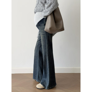 
Retro blue floor-length denim flared trousers for pregnant women for autumn and winter outerwear Korean style slimming and versatile elastic belly-supporting trousers