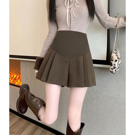 
Pregnant women's woolen pleated shorts in autumn and winter new styles for wear wide-leg skirts and shorts casual slim boots and pants A-line pants