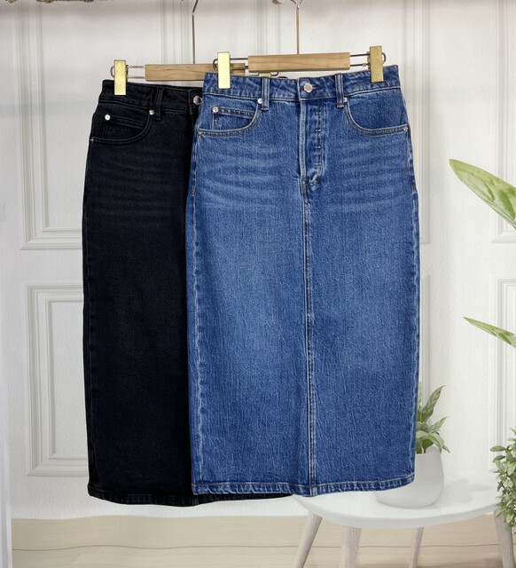 Women's foreign trade denim blue charcoal black invisible buttons, wide cotton slit straight denim skirt